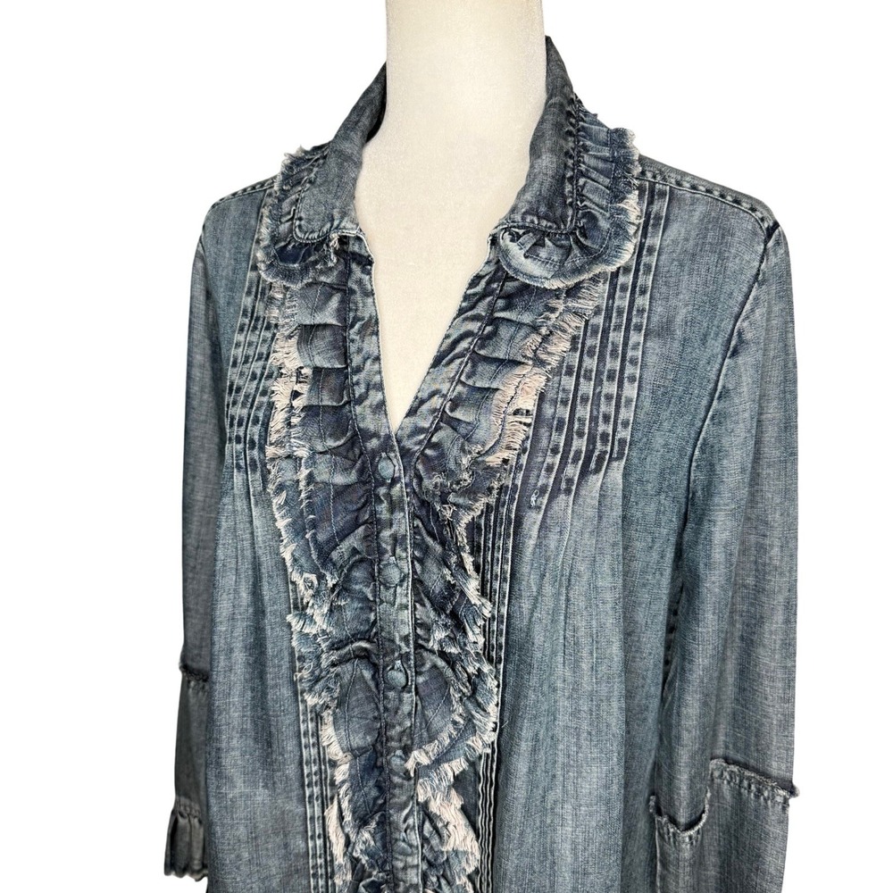 Ivy Jane‎ Top Small Ruffle Long Sleeve Button Front Blouse Chambray Denim Boho - Picture 2 of 8